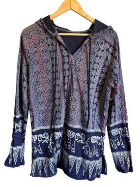Earthbound Trading Co 100% Cotton Bohemian Elephant Hoodie Top Navy Blue